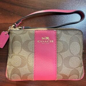 Coach Corner Zip Wristlet in Signature Canvas with Pink Stripe